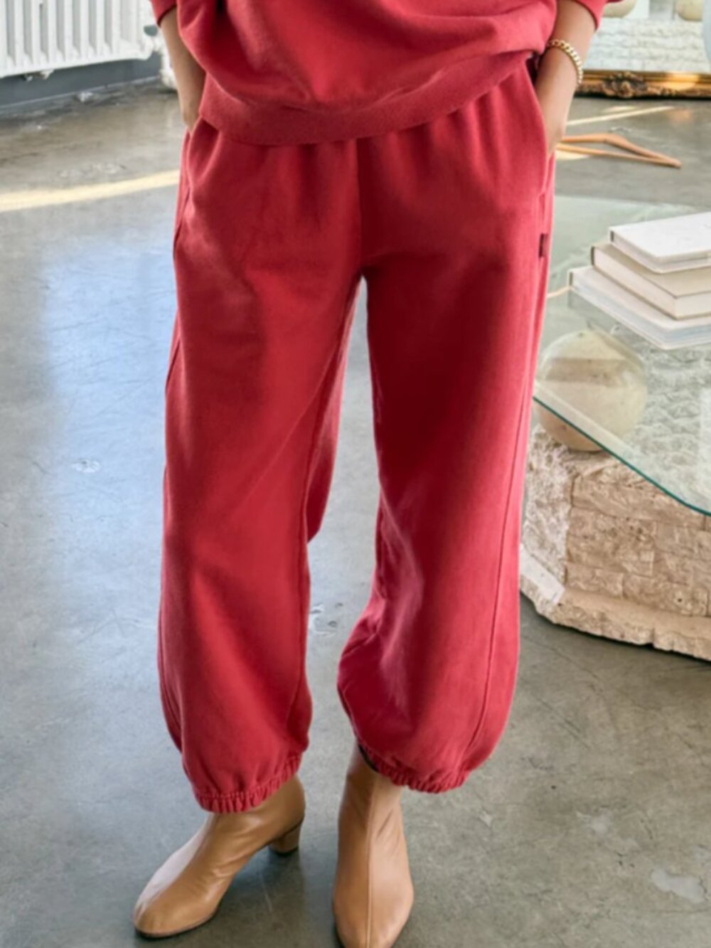 Le Bon Shoppe Women's Coral Red French Terry Balloon Jogger Pants Size S